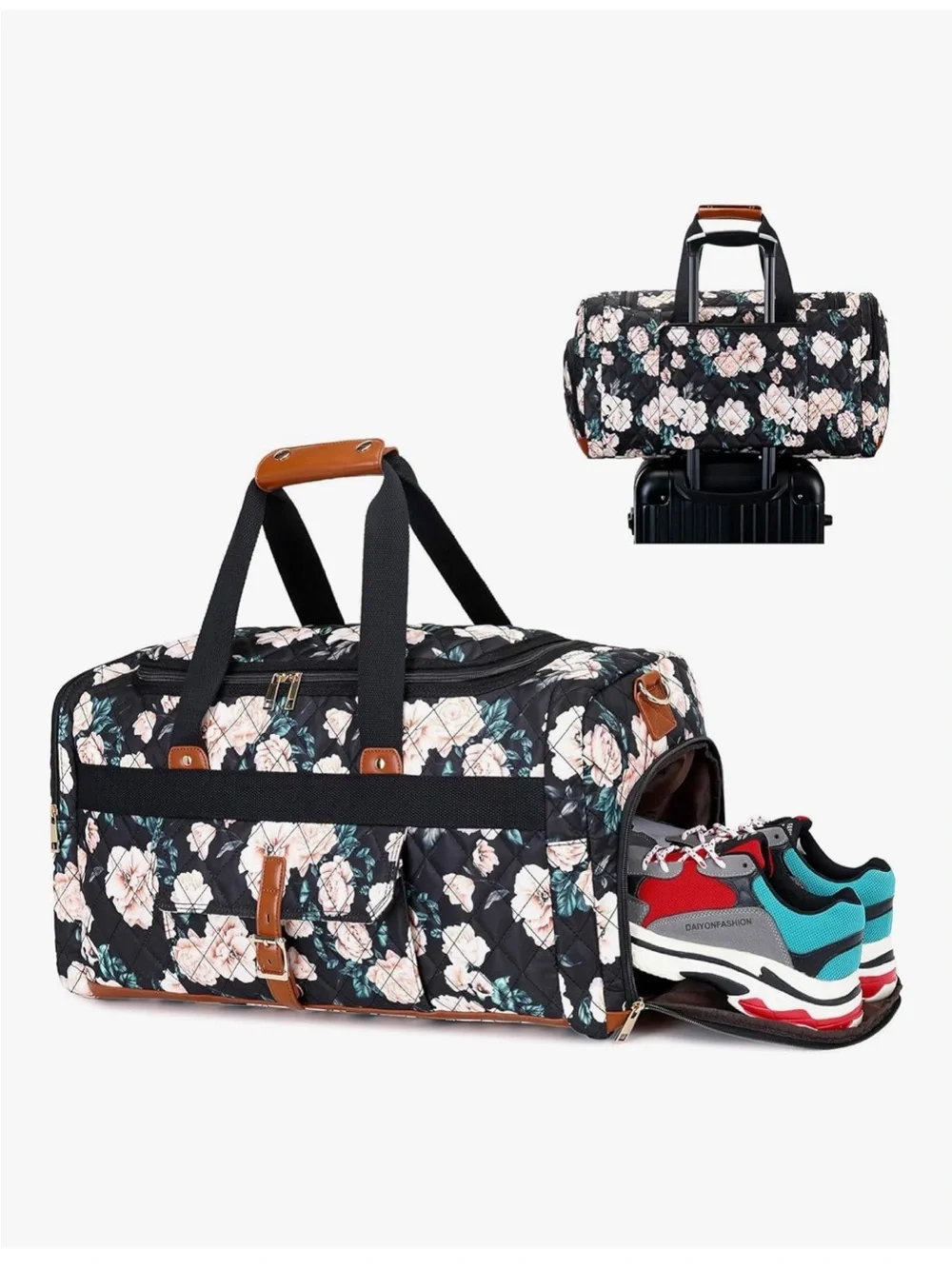 Floral Quilted Weekender Duffle Bag - Black with Blush Flowers - Picture 2 of 7